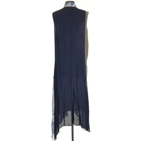 Tory Burch Margaret Blue Floral Plaid Silk Patchwork Pleated Midi Dress 14